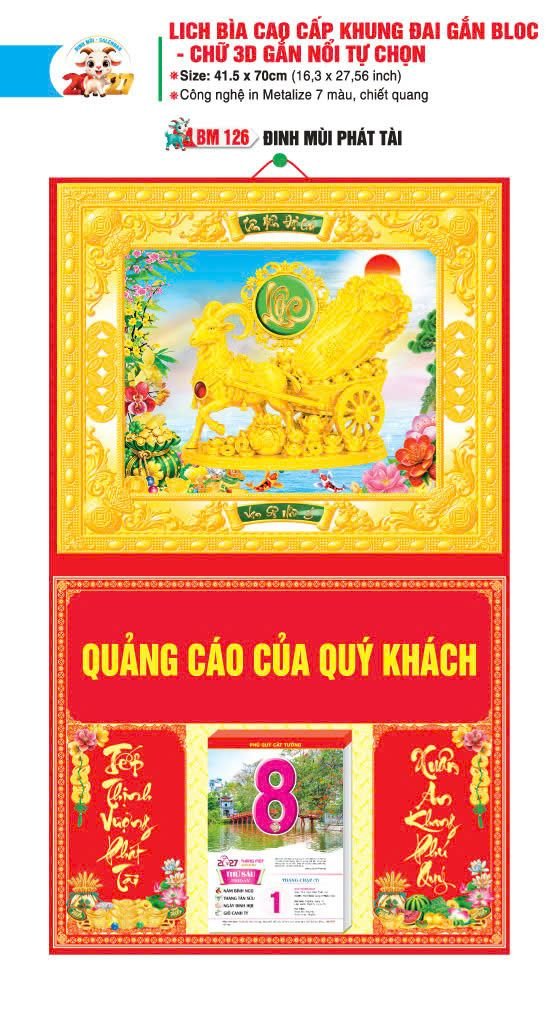 Bìa Lịch Treo Khung Đại Gắn Bloc BM 2027 BM126 - Đinh Mùi Phát Tài - Gốm Sứ Bát Tràng VN