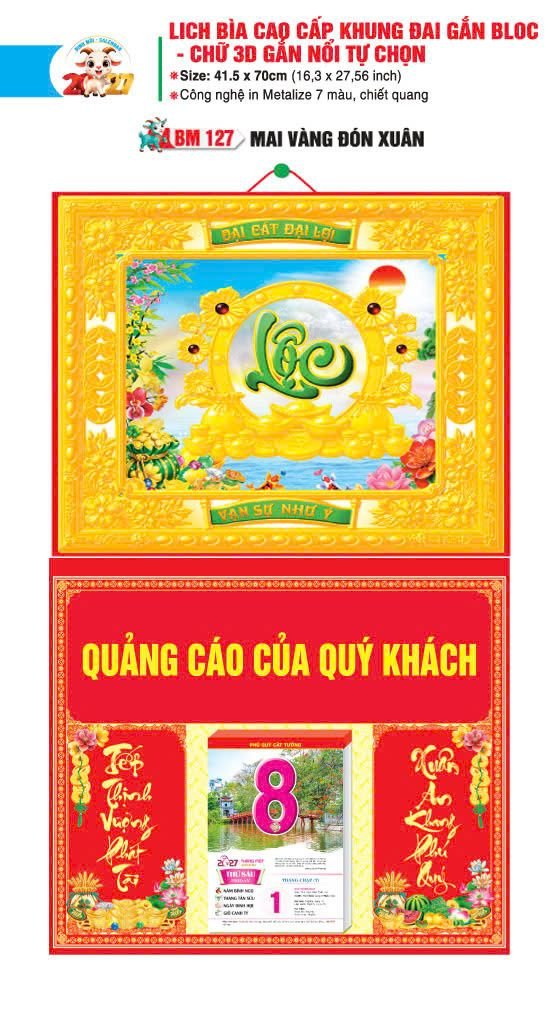 Bìa Lịch Treo Khung Đại Gắn Bloc BM 2027 BM127 - Mai Vàng Đón Xuân - Gốm Sứ Bát Tràng VN