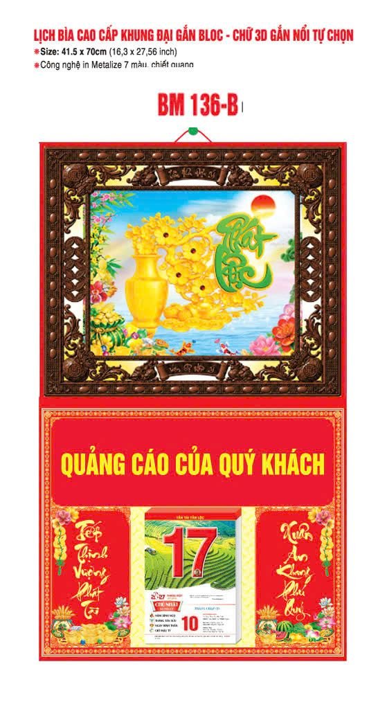 Bìa Lịch Treo Khung Đại Gắn Bloc BM 2027 BM136BI - Kim Dương Phú Quý - Gốm Sứ Bát Tràng VN