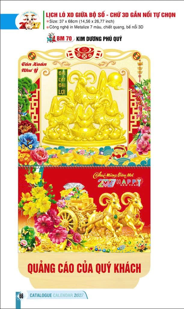 Lịch Lò Xo Giữa Gắn Bloc / Bộ Số BM 2027 BM70 - Kim Dương Phú Quý - Gốm Sứ Bát Tràng VN