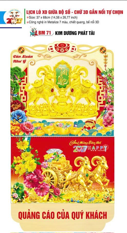 Lịch Lò Xo Giữa Gắn Bloc / Bộ Số BM 2027 BM71 - Kim Dương Phát Tài - Gốm Sứ Bát Tràng VN