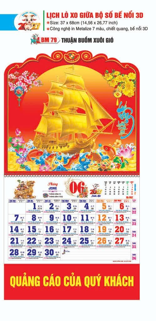 Lịch Lò Xo Giữa Gắn Bloc / Bộ Số BM 2027 BM79 - Thuận Buồm Xuôi Gió - Gốm Sứ Bát Tràng VN