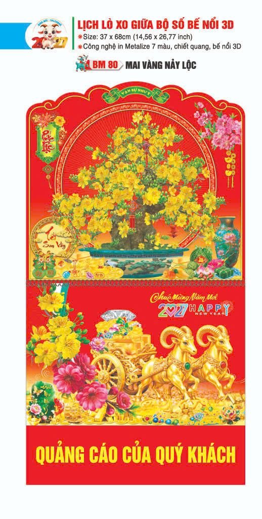 Lịch Lò Xo Giữa Gắn Bloc / Bộ Số BM 2027 BM80 - Mai Vàng Nảy Lộc - Gốm Sứ Bát Tràng VN