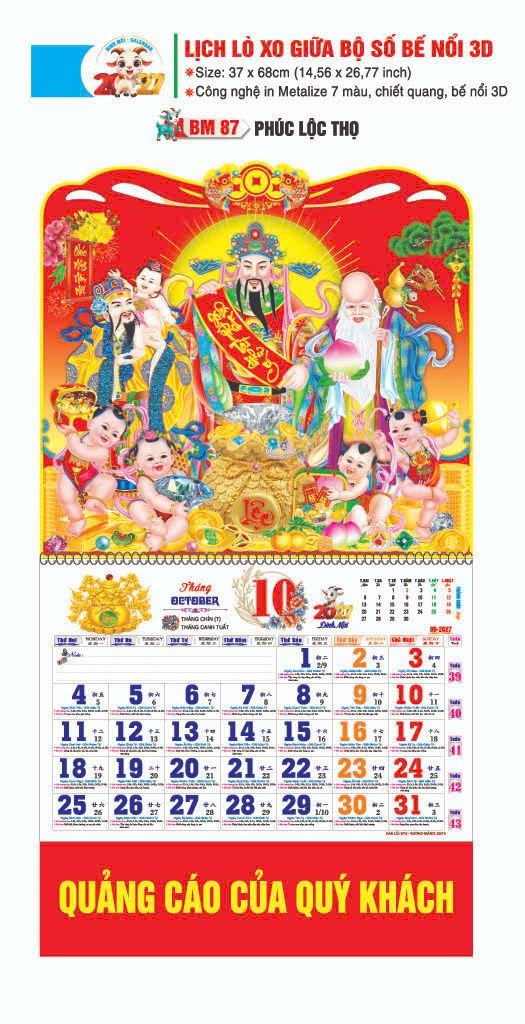 Lịch Lò Xo Giữa Gắn Bloc / Bộ Số BM 2027 BM87 - Phúc Lộc Thọ - Gốm Sứ Bát Tràng VN
