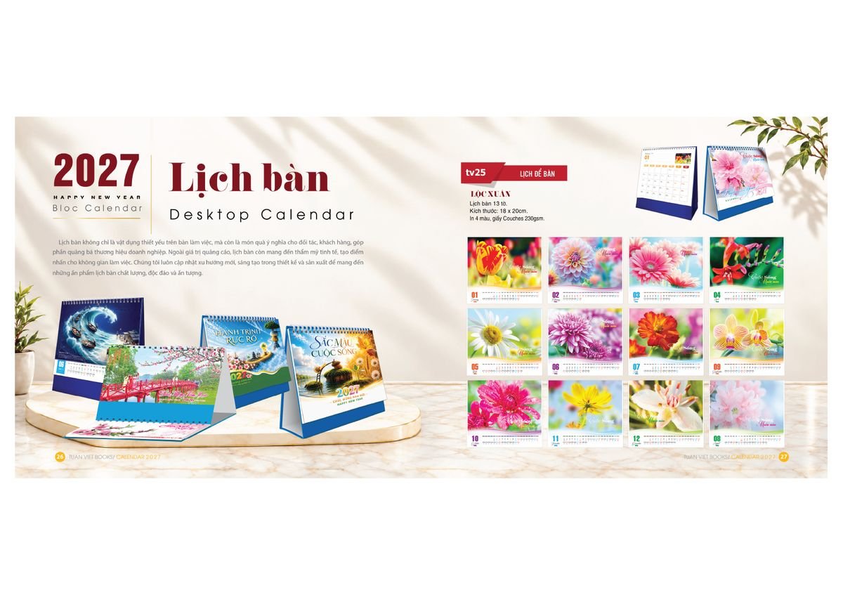 Lịch Bìa Treo Gắn Bloc 2027 TV14 Quà Tết Truyền Thống Gốm Sứ & Lịch
